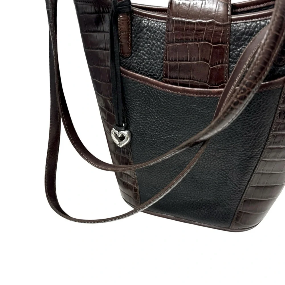 Brighton Black Leather Brown Croc Embossed Silver Bead‎ Two Handle Shoulder Bag